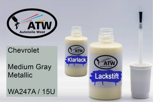 Chevrolet, Medium Gray Metallic, WA247A / 15U: 20ml Lackstift + 20ml Klarlack - Set, von ATW Autoteile West.